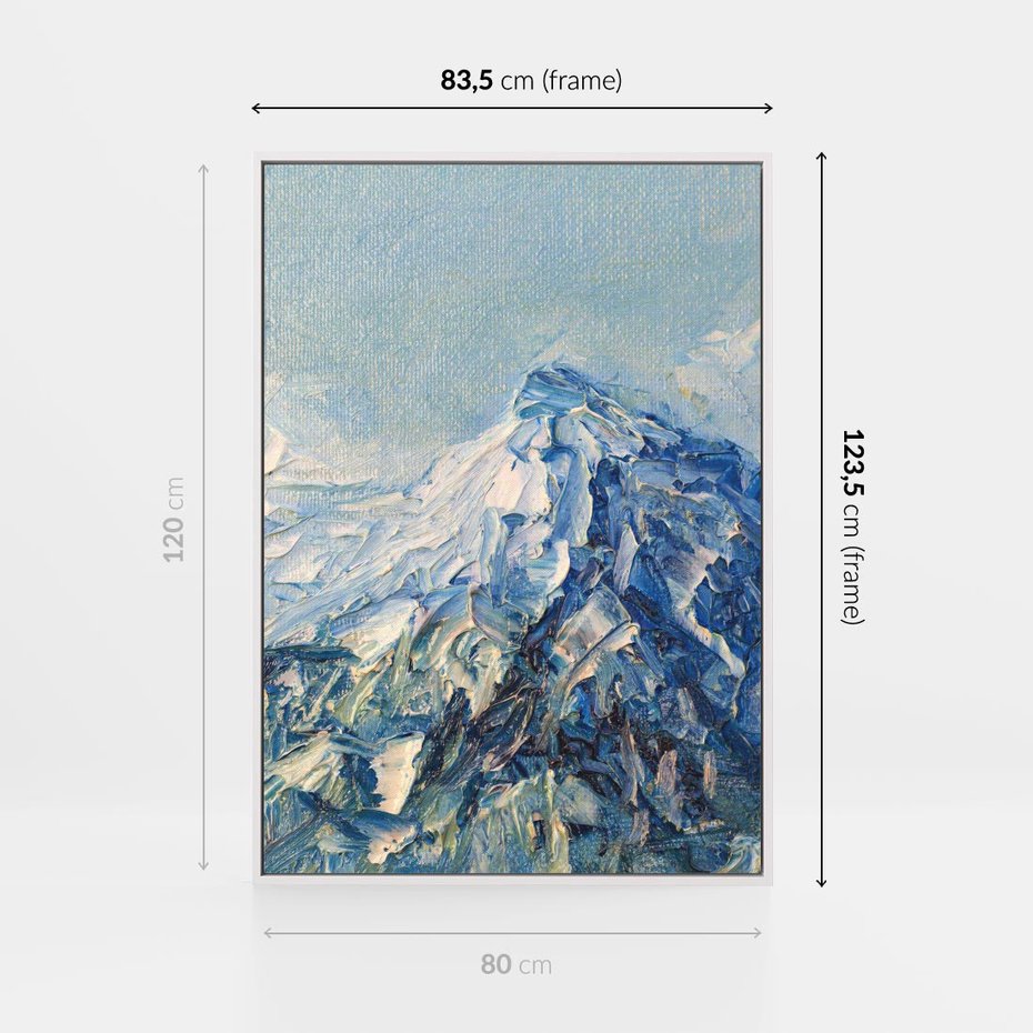 Obraz w ramie 80x120 - Majestat Błękitnych Szczytów - olejny obraz, górski pejzaż - rama biała
