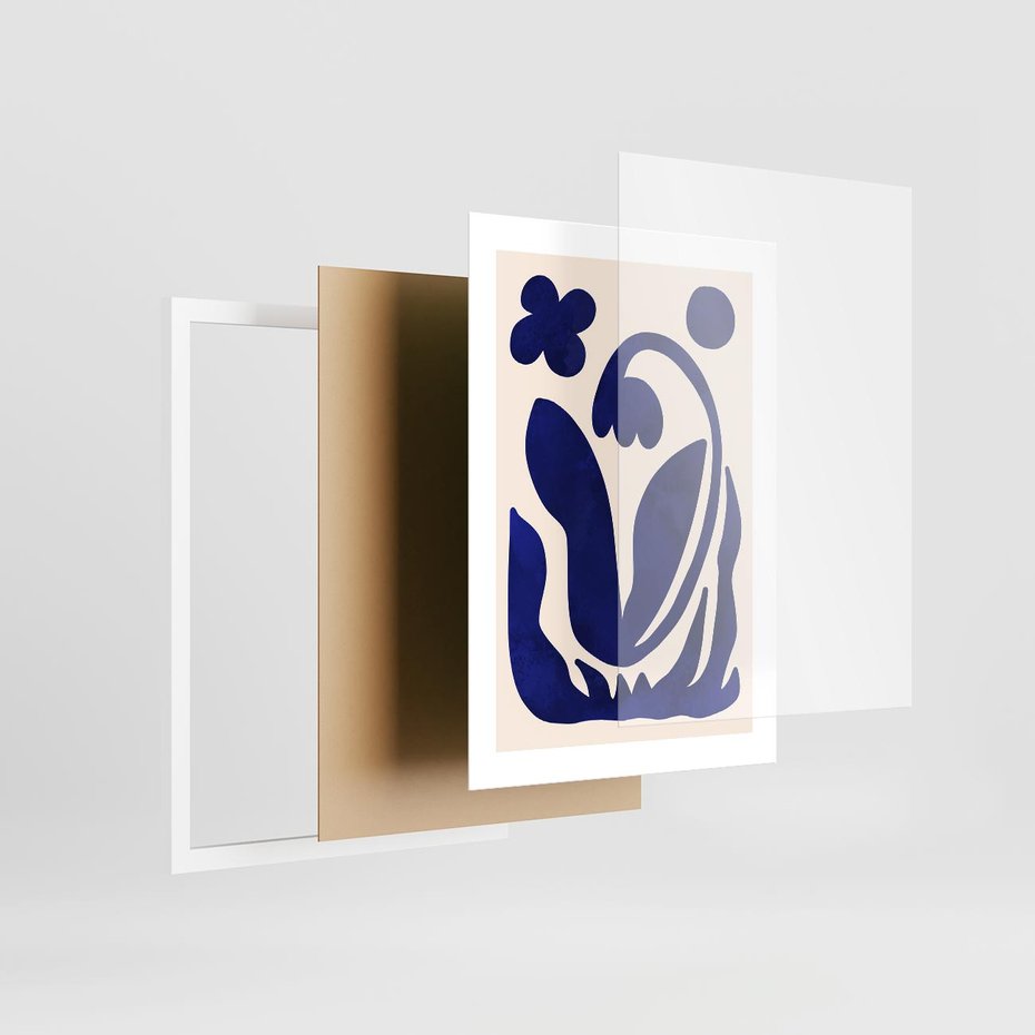 Plakat w ramie 30x40 - Bezgraniczne Echa Serca - abstrakcyjny obraz plakat, dziwne niebieskie kształty przypominają kwiat - rama biała
