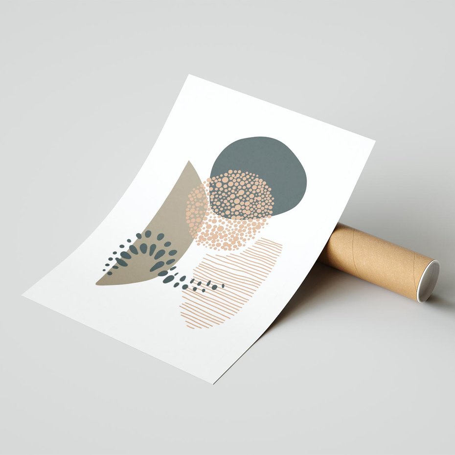 Plakat bez ramy 30x40 - Harmonia Akwarelowych Przestrzeni - abstrakcyjna kompozycja z kropek kresek i kółek, odcienie brązu i beżu