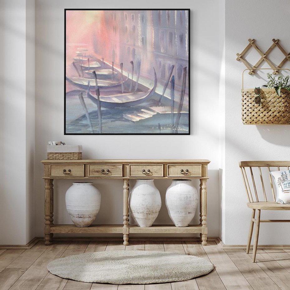 Obraz w ramie 50x50 - Romantyczne Zachody - akwarelowy rysunek, stonowane pastelowe kolory - rama czarna