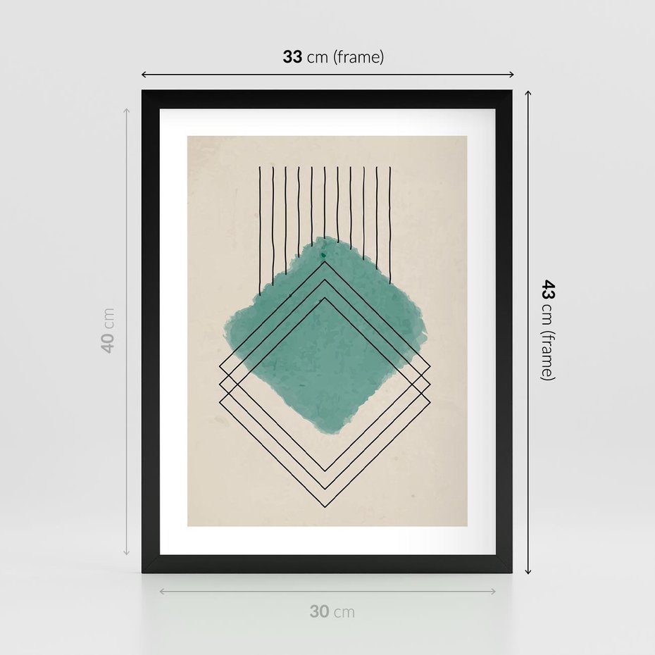 Plakat w ramie 30x40 - Impresje Przestrzeni - akwarelowa plama, geometryczne szkicowane kształty - rama czarna