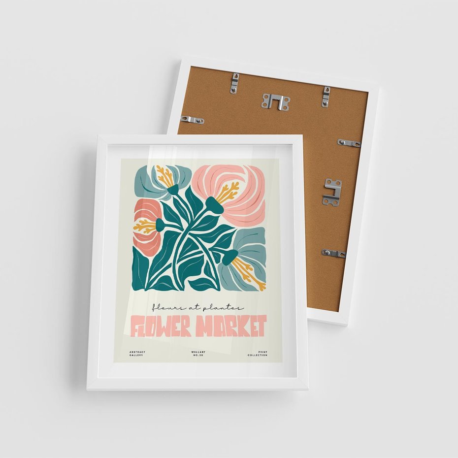 Plakat w ramie 40x50 - Taniec Kształtów - kwiaty, abstrakcyjna kompozycja - rama biała