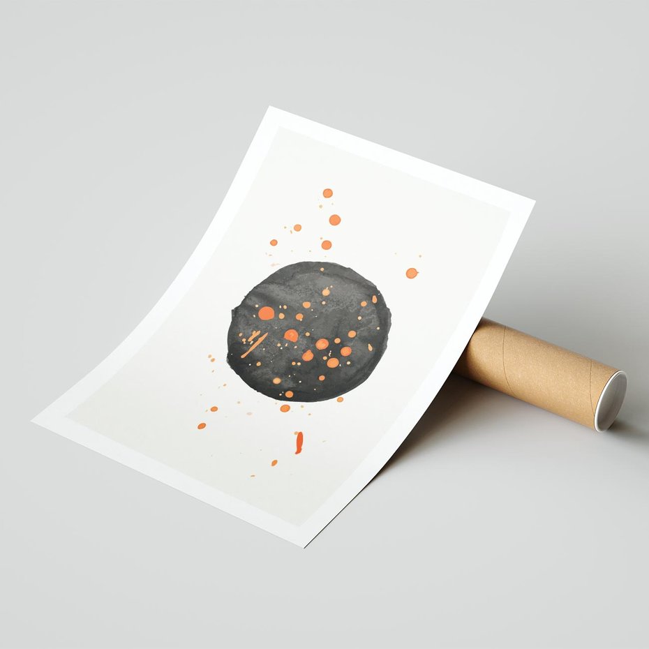 Plakat bez ramy 40x50 - Impulsy Kreatywności - abstrakcyjna czarna plama, rozsiane pomarańczowe kropki