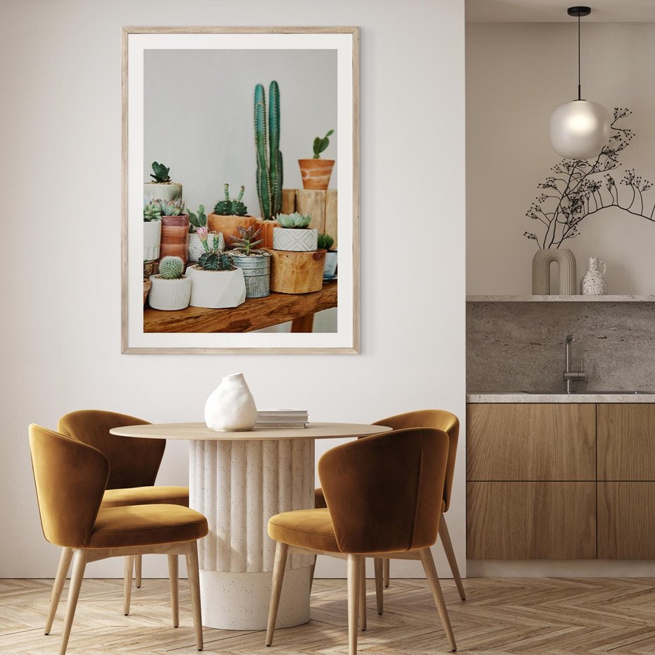 Plakat w ramie 40x50 - Kaktusowa Galeria w Doniczkach - kaktusy w doniczkach, fotografia - rama drewno