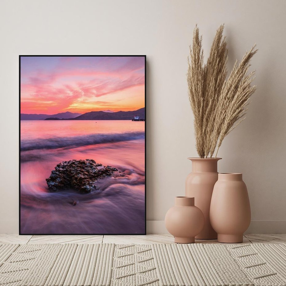 Obraz w ramie 70x100 - Zaklęty Zachód - magiczny zachód słońca, fioletowe - rama czarna