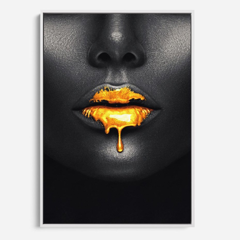 Obraz w ramie 50x70 - Złote Usta Kobiety - złote, usta - rama biała