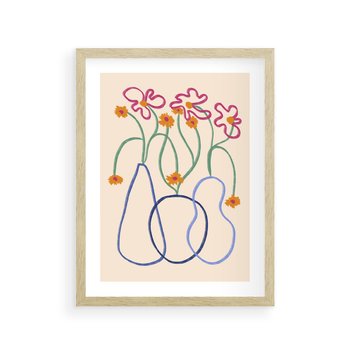 Plakat w ramie 50x70 - Migocące Pastelowe Impresje - minimalistyczny abstrakcyjny obraz, prymitywne kwiatki - rama drewno