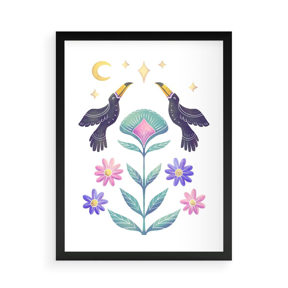 Plakat w ramie 50x70 - Przenikająca Dżungla - boho plakat, tukany - rama czarna