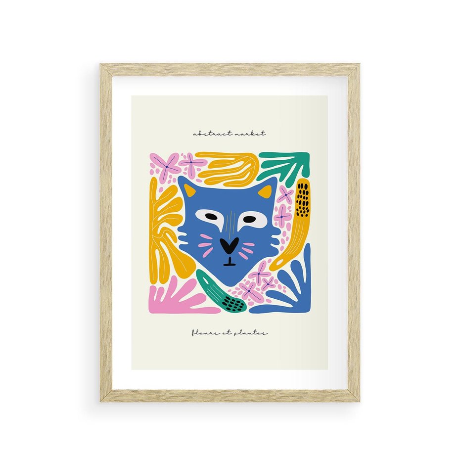 Plakat w ramie 30x40 - Kolorowe Spektrum - abstrakcyjny plakat, niebieski kot - rama drewno