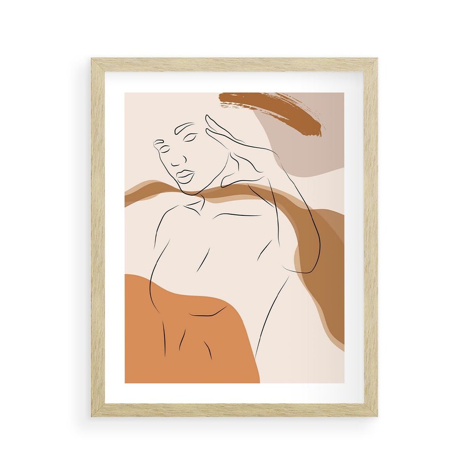 Plakat w ramie 40x50 - Sztuka Piękna w Beżach i Brązach - szkic jedną linią, naga kobieta - rama drewno