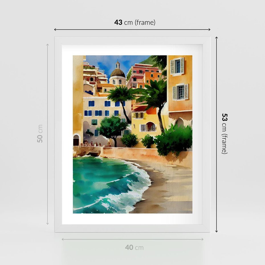 Plakat w ramie 40x50 - Zamieszkajmy Tu - akwarela, śródziemnomorski klimat - rama biała
