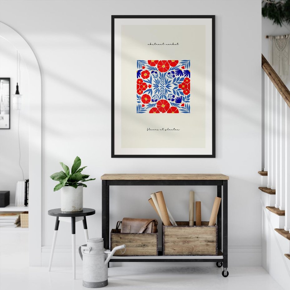 Plakat bez ramy 30x40 - Tajemnicza Droga - nowoczesna kwiatowa kompozycja, czerwony i niebieski