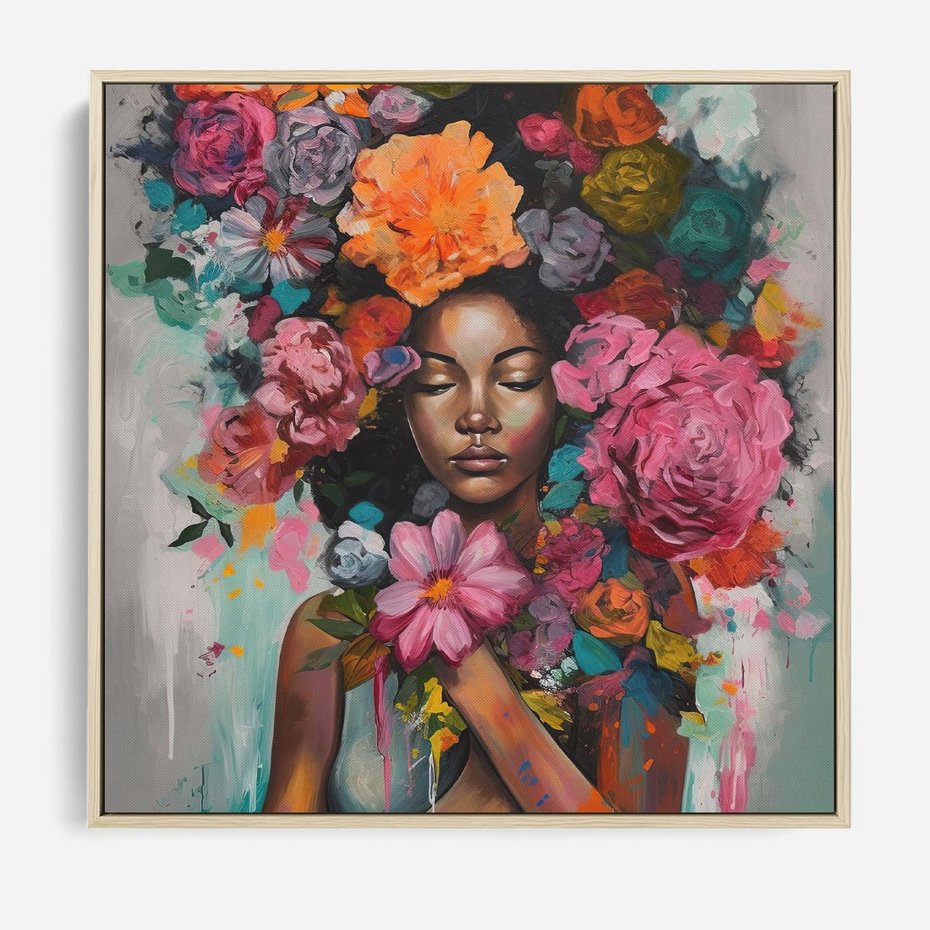 Obraz w ramie 80x80 - Z Głową w Kwiatach - obraz olejny, sztuka nowoczesna - rama drewno