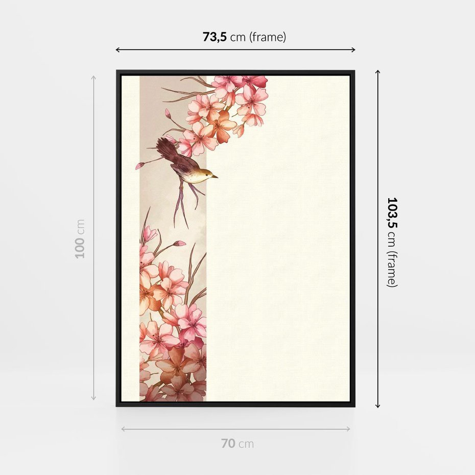 Obraz w ramie 70x100 - Rozkwitające Marzenia - japońska sztuka, ptak - rama czarna