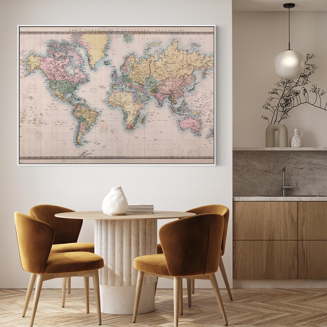 Obraz w ramie 70x50 - Światło Przeszłości - retro mapa świata, mapa - rama biała