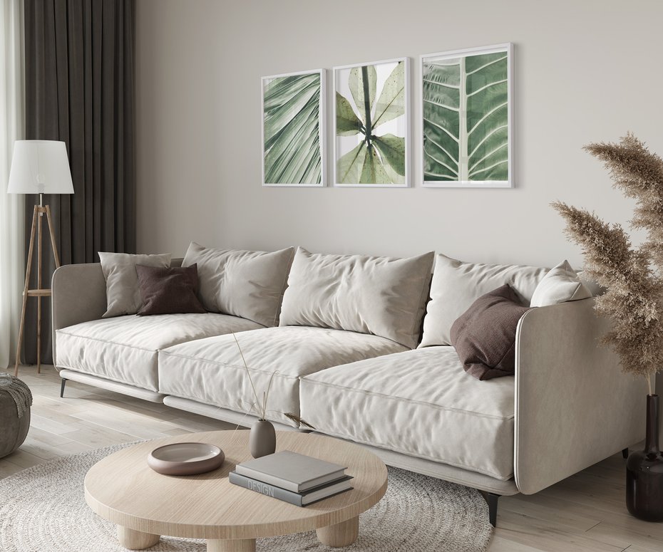 Zestaw obrazy w ramie 40x50 galeria - Liście, minimalizm, zieleń - rama biała