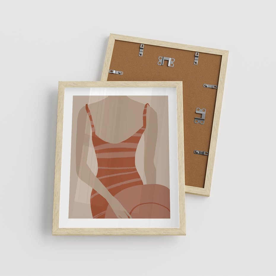 Plakat w ramie 40x50 - Kobiece Retro - minimalistyczny boho plakat, retro kobieta w stroju kąpielowym - rama drewno
