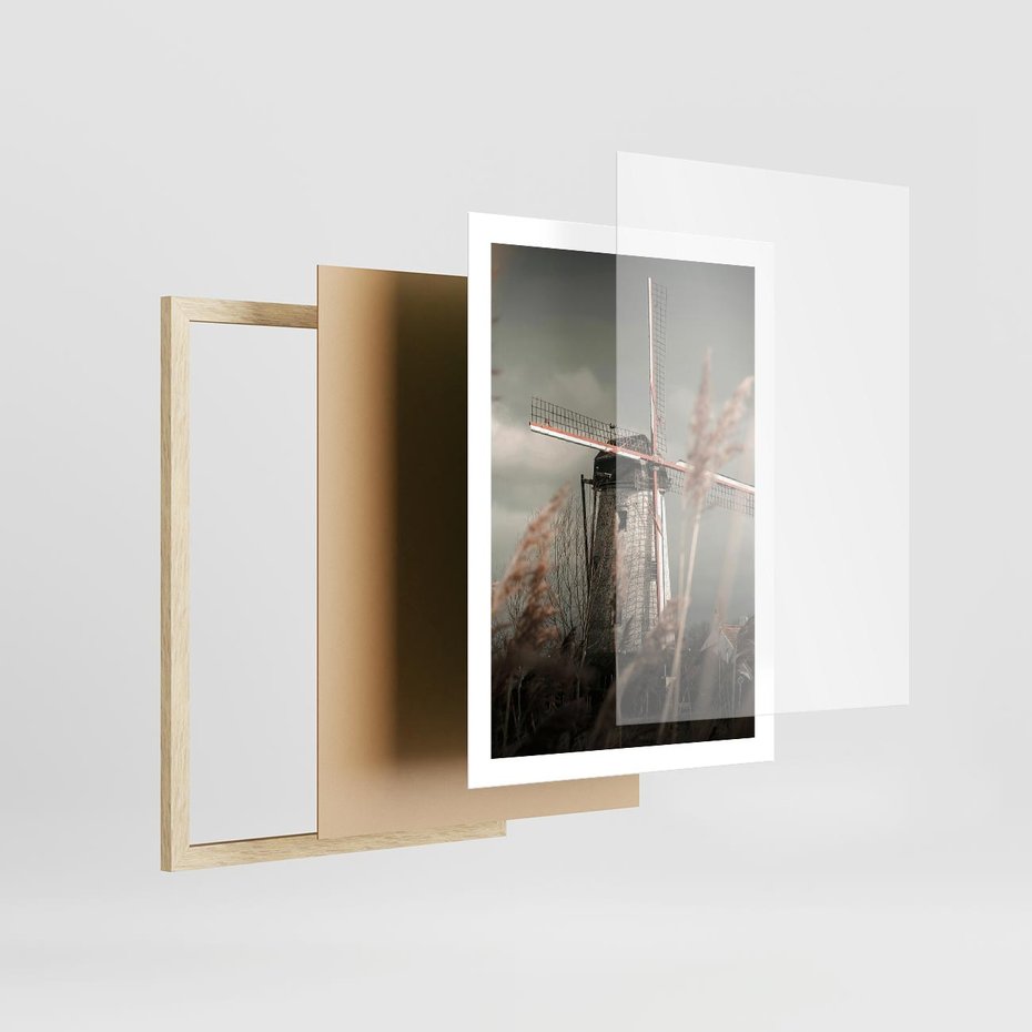 Plakat w ramie 50x70 - Wiejska Idylla: Młyn w Polu - wiatrak, młyn w polu - rama drewno