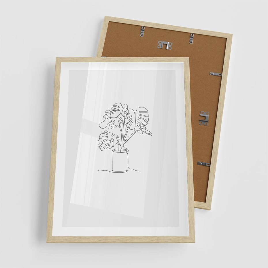 Plakat w ramie 50x70 - Tajemnicza Harmonia - sztuka one line, monstera - rama drewno