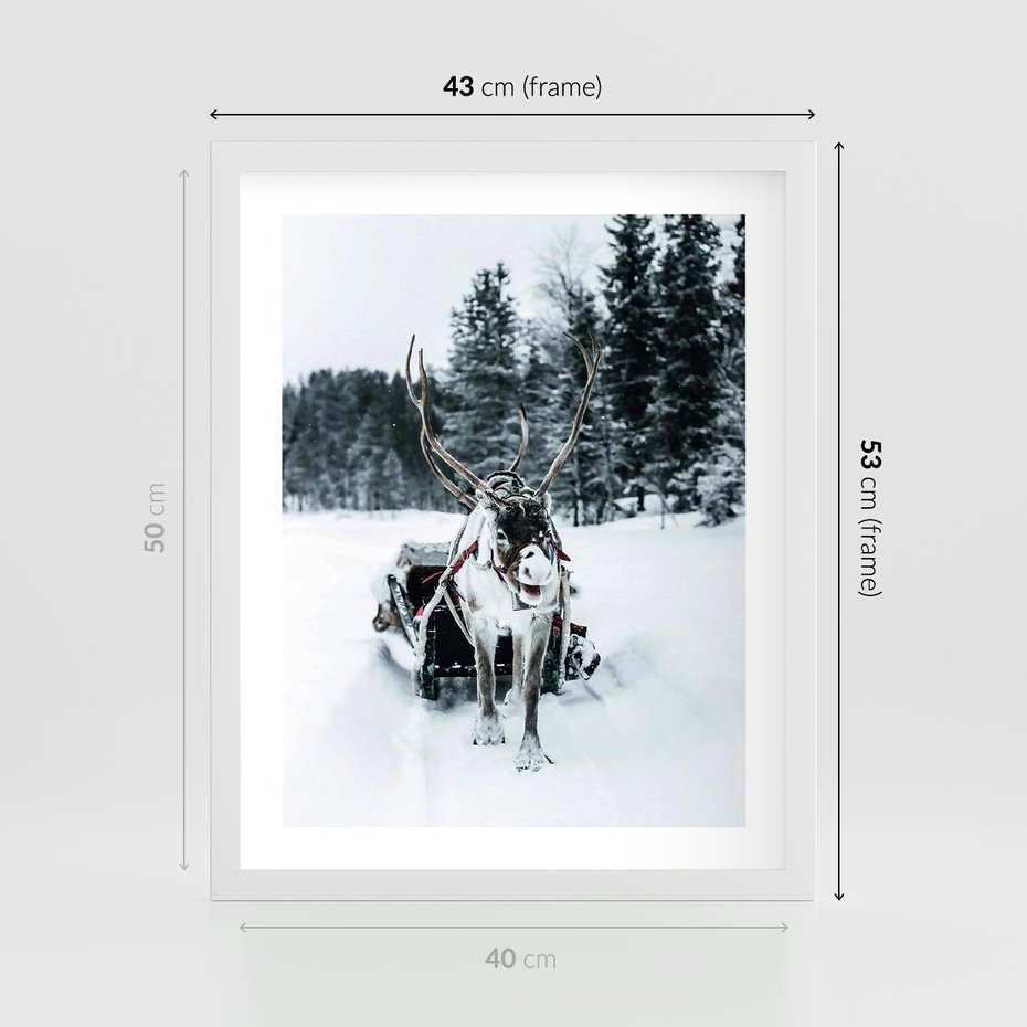 Plakat w ramie 40x50 - Świąteczna Przygoda - renifer, śnieg - rama biała