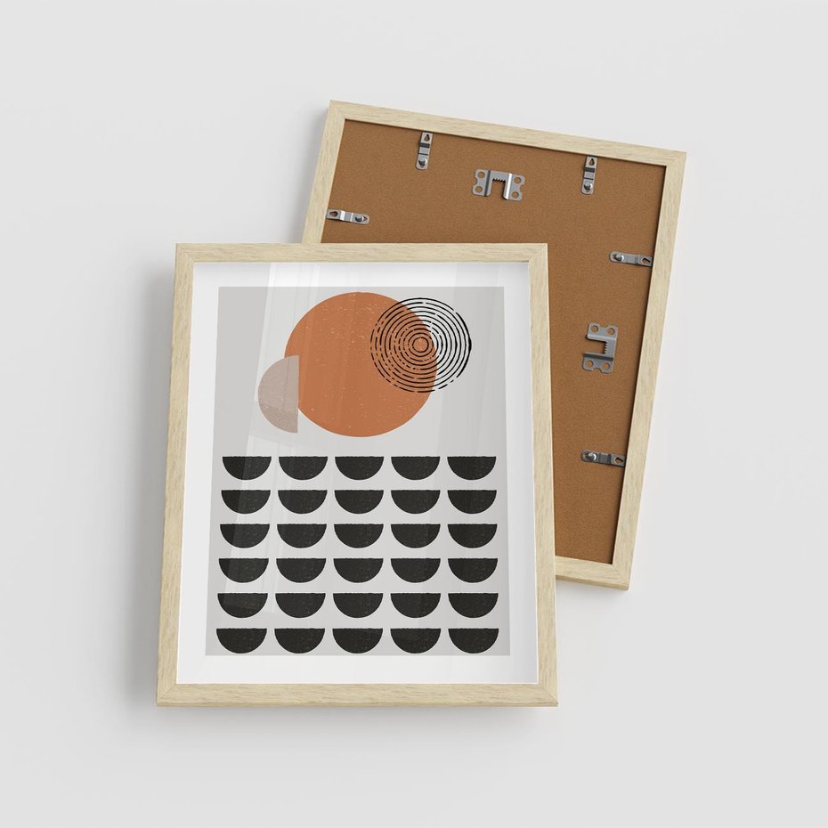 Plakat w ramie 40x50 - Geometryczna Ekspresja - geometryczny graficzny obraz, pomarańczowe koło - rama drewno