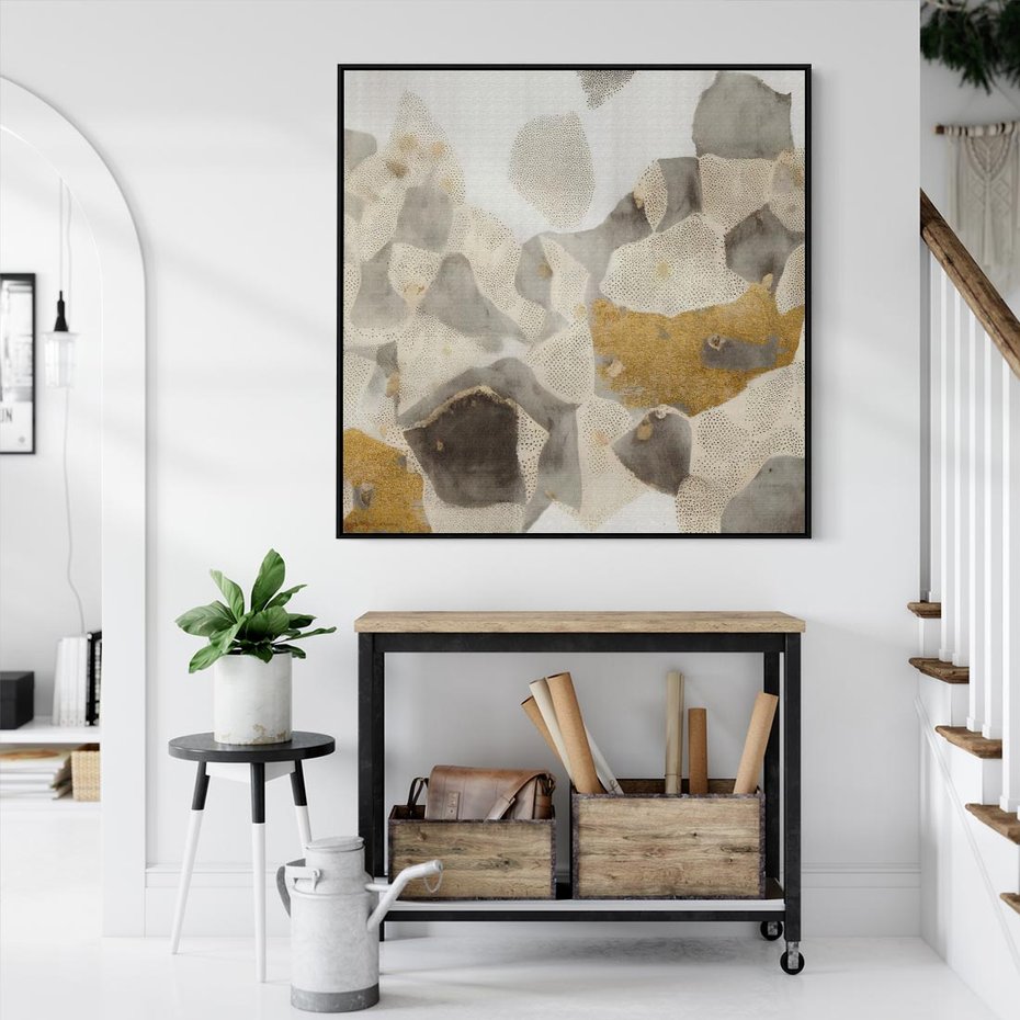 Obraz w ramie 50x50 - Nowoczesne Złoto i Szarość - plamy, złoto - rama czarna