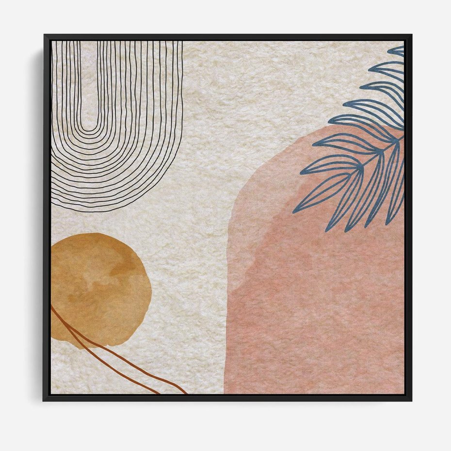 Obraz w ramie 50x50 - Liście i Geometrie - nowoczesny, akwarelowe plamy - rama czarna