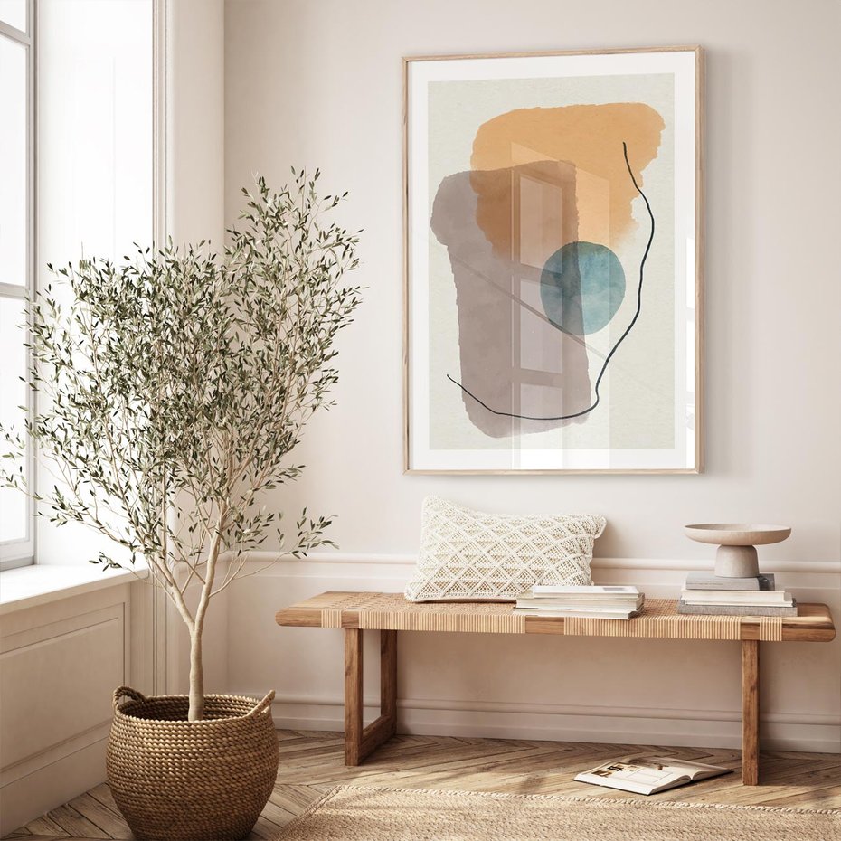 Plakat w ramie 30x40 - Rozkwitająca Akwarelowa Inspiracja - geometryczne elementy, stonowane ziemiste kolory - rama drewno