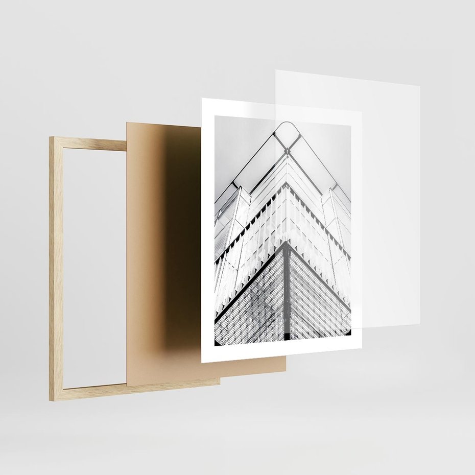 Plakat w ramie 40x50 - Elegancja Współczesnej Architektury: Wieżowiec w Monochromii - nowoczesna architektura, czarno biała fotografia - rama drewno