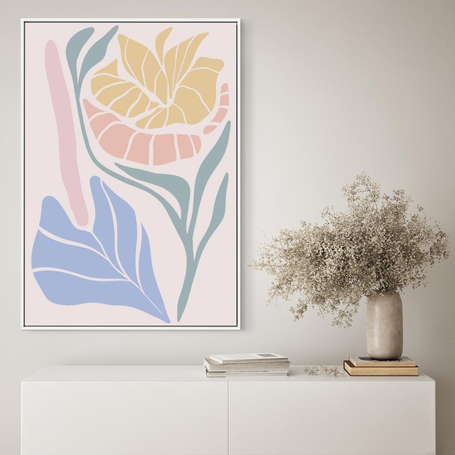 Obraz w ramie 80x120 - Kwiatowe Granice Kształtów - nowoczesny plakat, kwiaty w pastelowych kolorach - rama biała