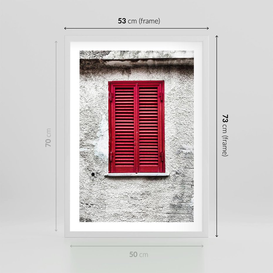 Plakat w ramie 50x70 - Okno z Czerwonymi Okiennicami - stare okno, kamienica - rama biała