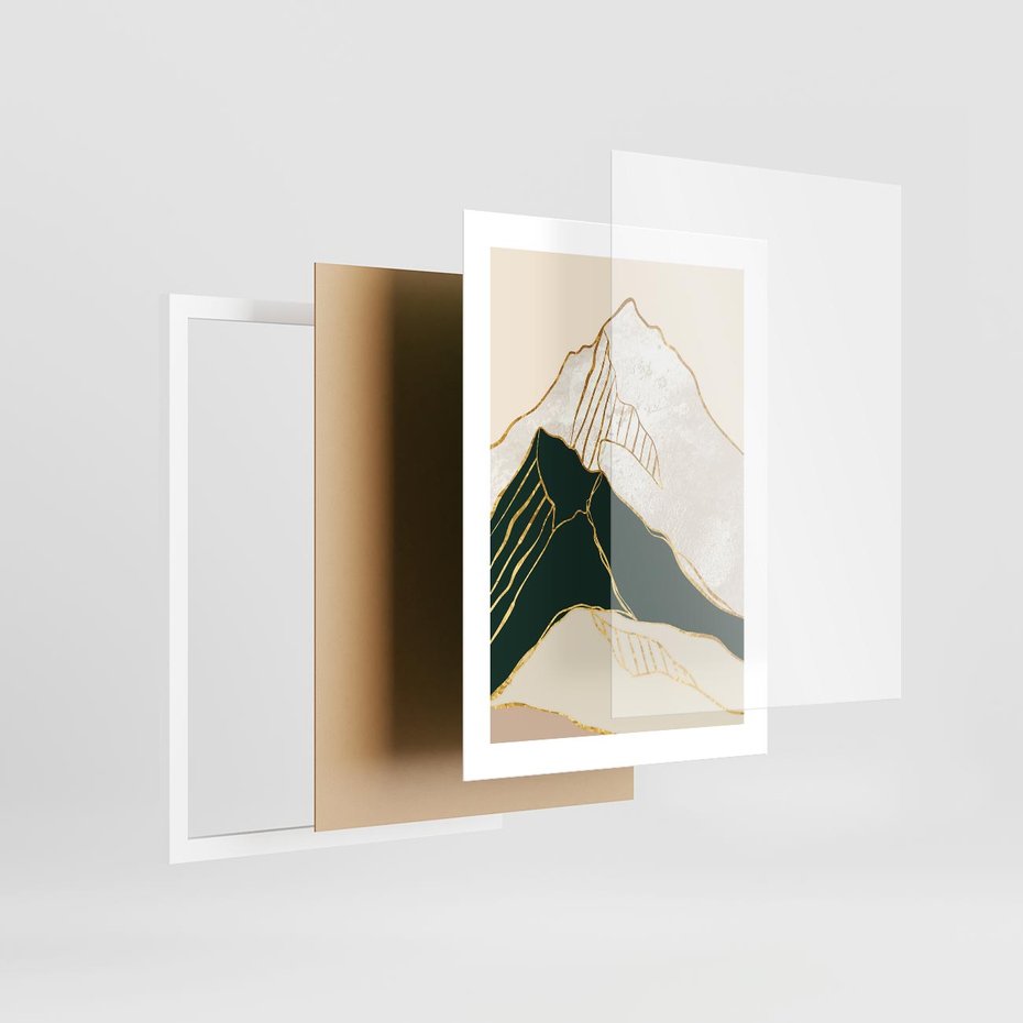 Plakat w ramie 30x40 - Minimalistyczne Góry: Złota Sztuka Natury - minimalistyczna grafika, góry - rama biała