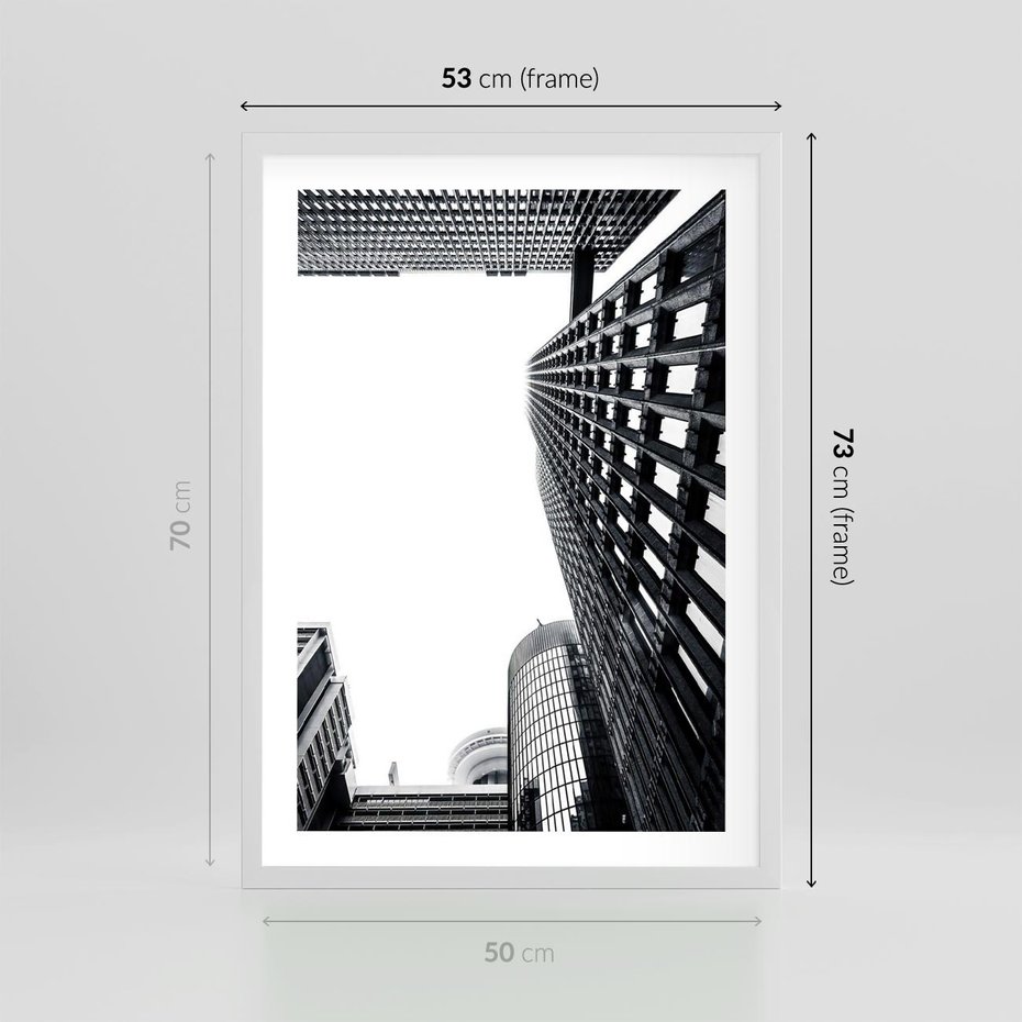 Plakat w ramie 50x70 - Monochromatyczna Sceneria Wieżowców - architektura, wieżowce - rama biała