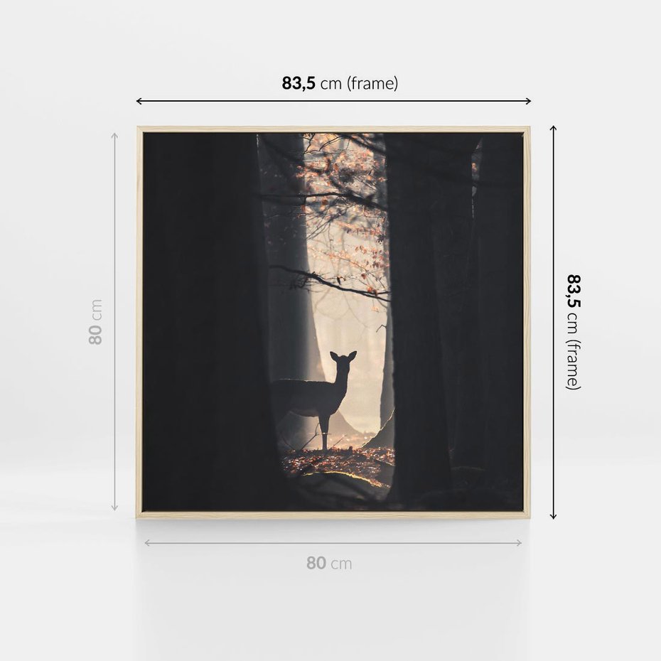 Obraz w ramie 80x80 - Sarnie Skoki - zdjęcie, klimatyczny las - rama drewno