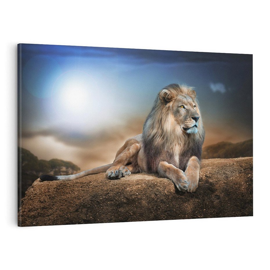 Obraz na płótnie 100x70 - Król sawanny - lew, kamień
