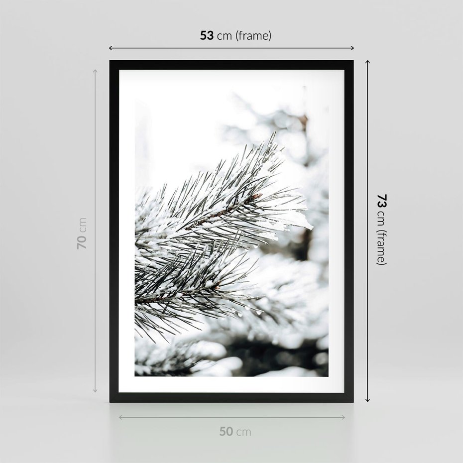 Plakat w ramie 50x70 - Chwila Zimowej Magii - iglasta gałązka, śnieg - rama czarna