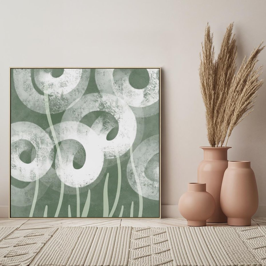 Obraz w ramie 80x80 - Spokojne Plamy Natury - zielony plakat, roślinne motywy - rama drewno