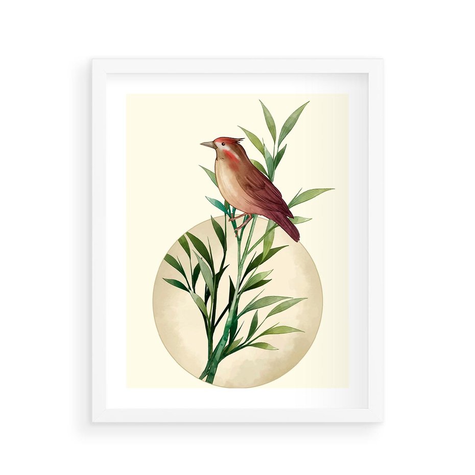 Plakat w ramie 40x50 - Rozkwitająca Delikatność - japońska sztuka, ptak - rama biała