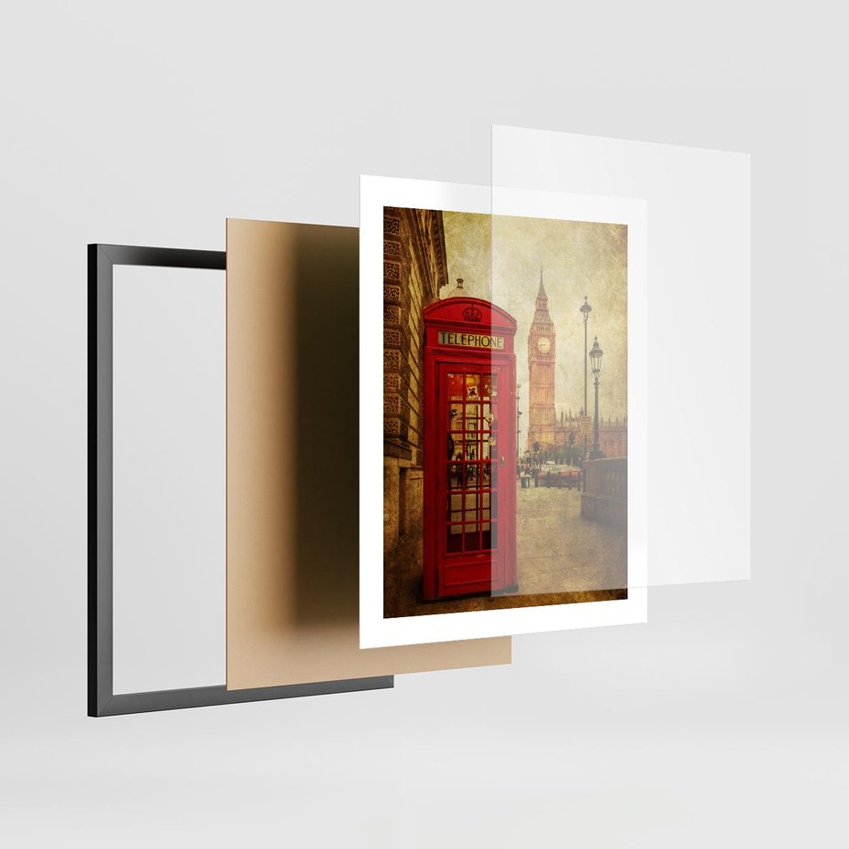 Plakat w ramie 40x50 - Ikoniczna budka telefoniczna w Londynie - sepia, budka - rama czarna