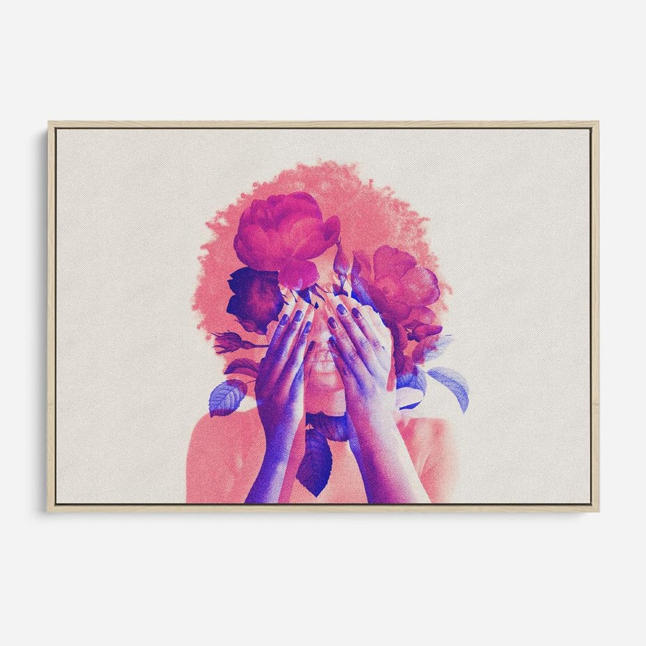 Obraz w ramie 70x50 - Kwiaty we Włosach - różowa postać, grafika - rama drewno