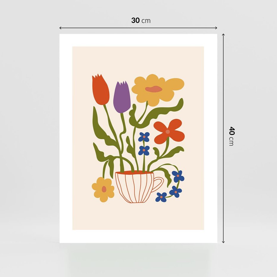 Plakat bez ramy 30x40 - Kolorowe Granice - kwiaty w filizance, abstrakcja