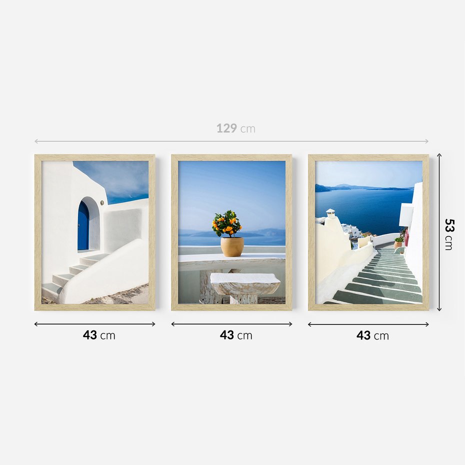 Zestaw obrazy w ramie 40x50 galeria - Santorini, morze, białe, domki - rama drewno