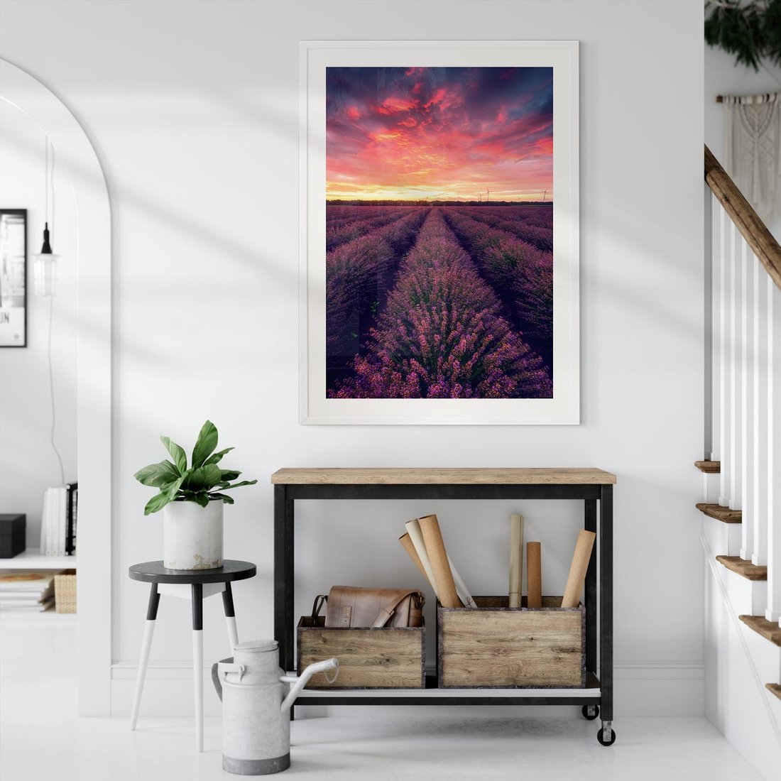 Plakat w ramie 30x40 - Różowe Niebo nad Polami - pola lawendy, zachód słońca - rama biała