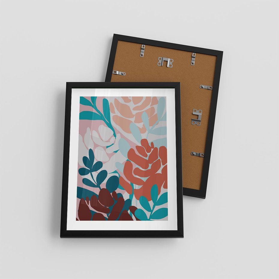 Plakat w ramie 30x40 - Impresje Kształtów - abstrakcyjna kompozycja kwiatowych form, kolor zgaszone - rama czarna