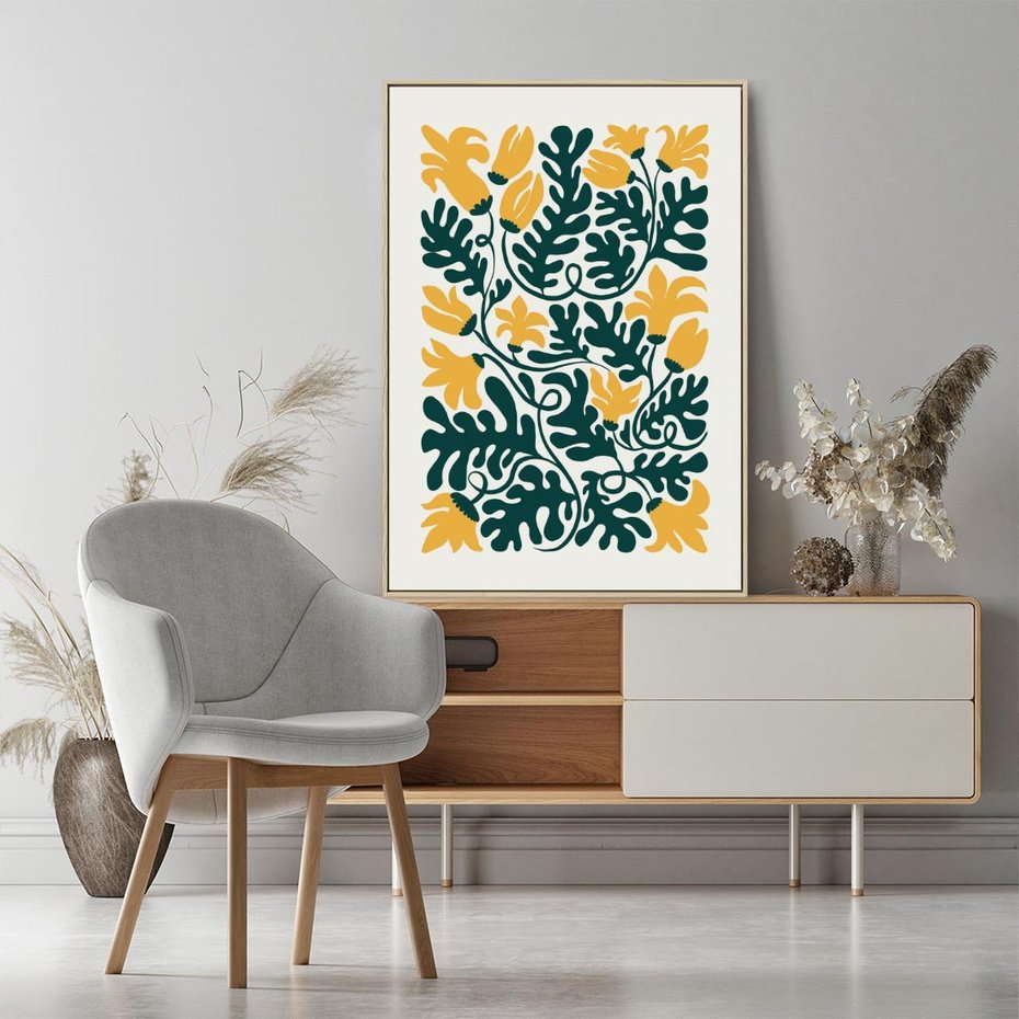 Obraz w ramie 80x120 - Impulsy Kreatywności - abstrakcyjne żółte kwiaty, kompozycja - rama drewno