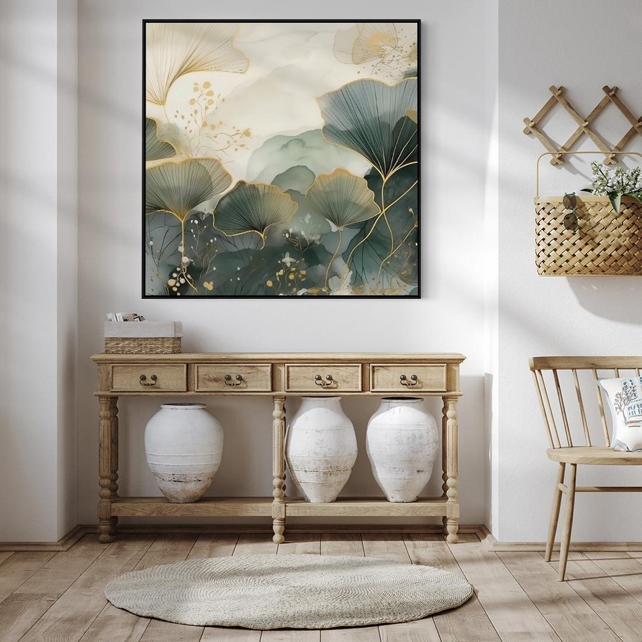 Obraz w ramie 50x50 - Natura w Złotym Odcieniu - złote elementy, liście miłorzębu japońskiego - rama czarna