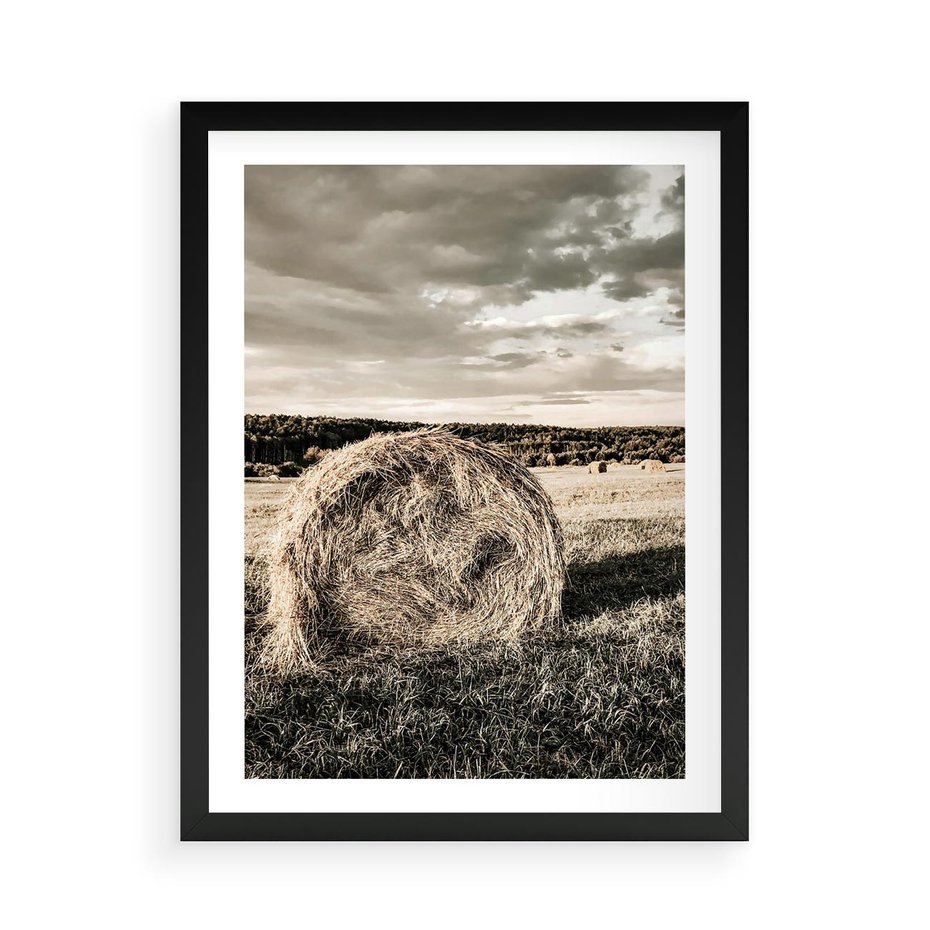 Plakat w ramie 50x70 - Ciepło Natury - snopki siana, pole - rama czarna