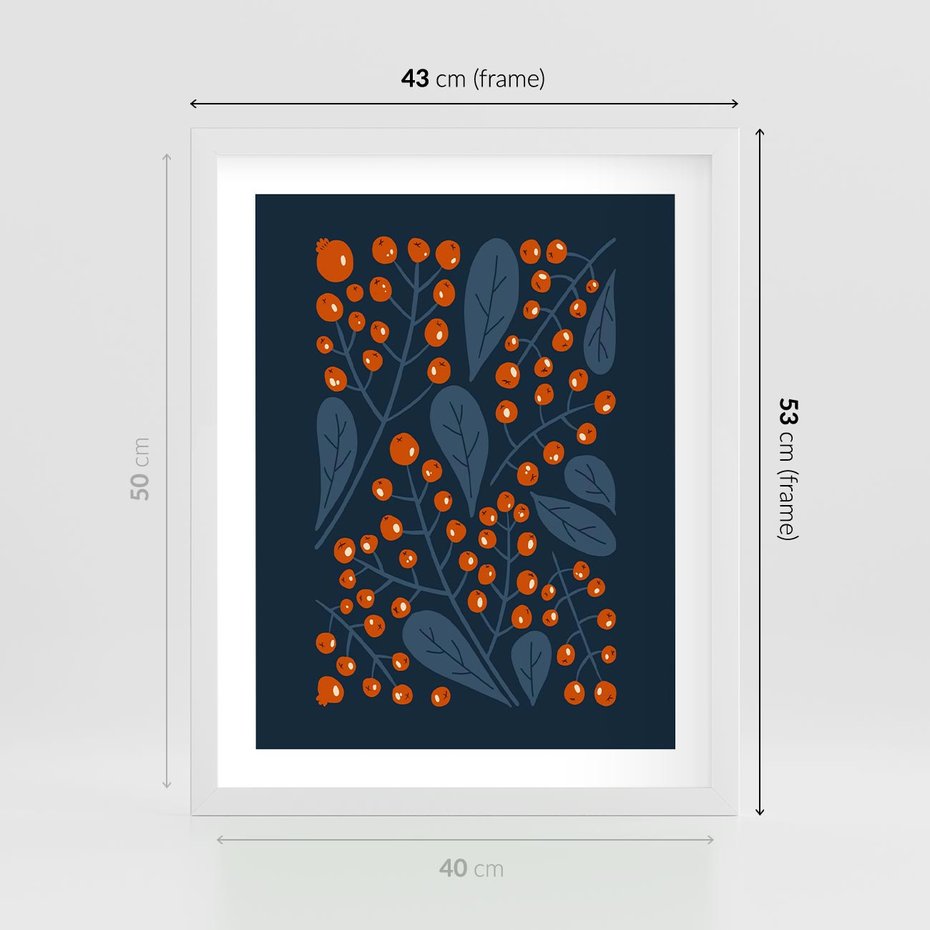 Plakat w ramie 40x50 - Symfonia liści i owoców - granatowe tło, pomarańczowe owoce jarzębiny - rama biała