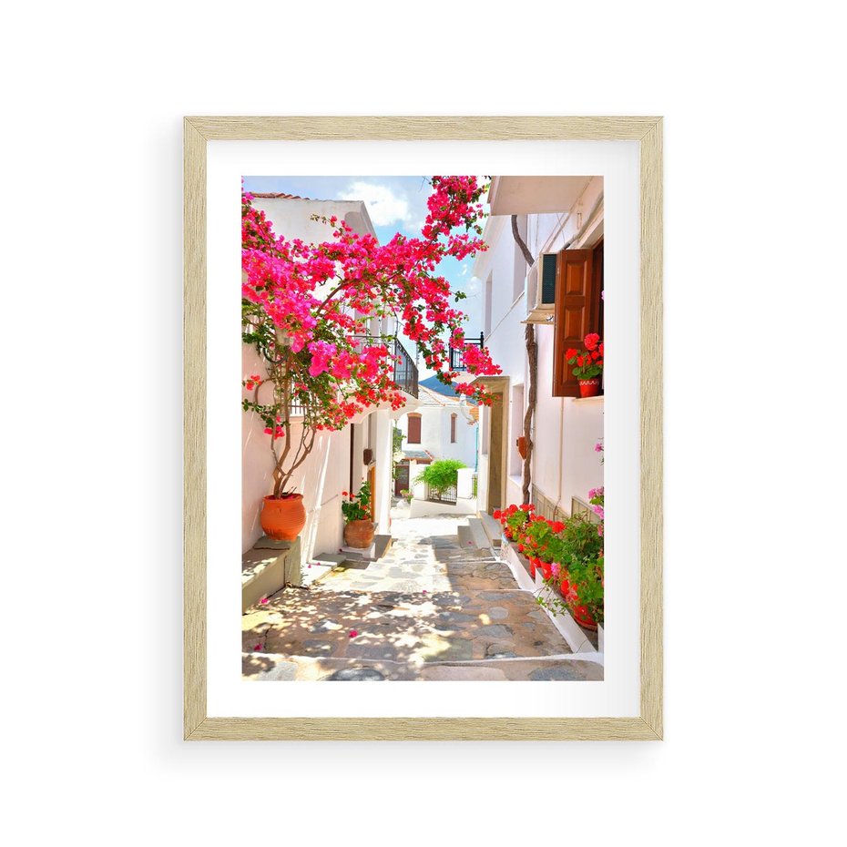 Plakat w ramie 30x40 - Kwiatowa uliczka wakacji - kwiaty, uliczka - rama drewno