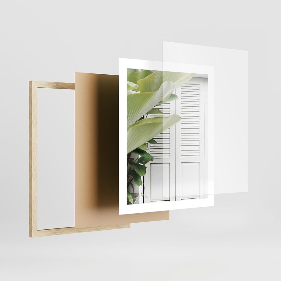 Plakat w ramie 40x50 - Tropikalne Okno - białe okiennice, zielona tropikalna roślina - rama drewno